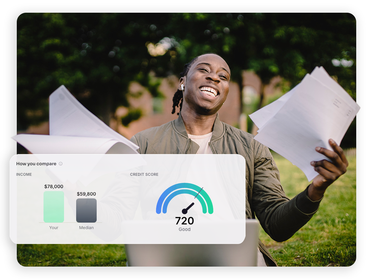 The how-you-compare panel showing a $78,000 income against a $59,800 median and a credit score of 720, beside a man laughing with paperwork